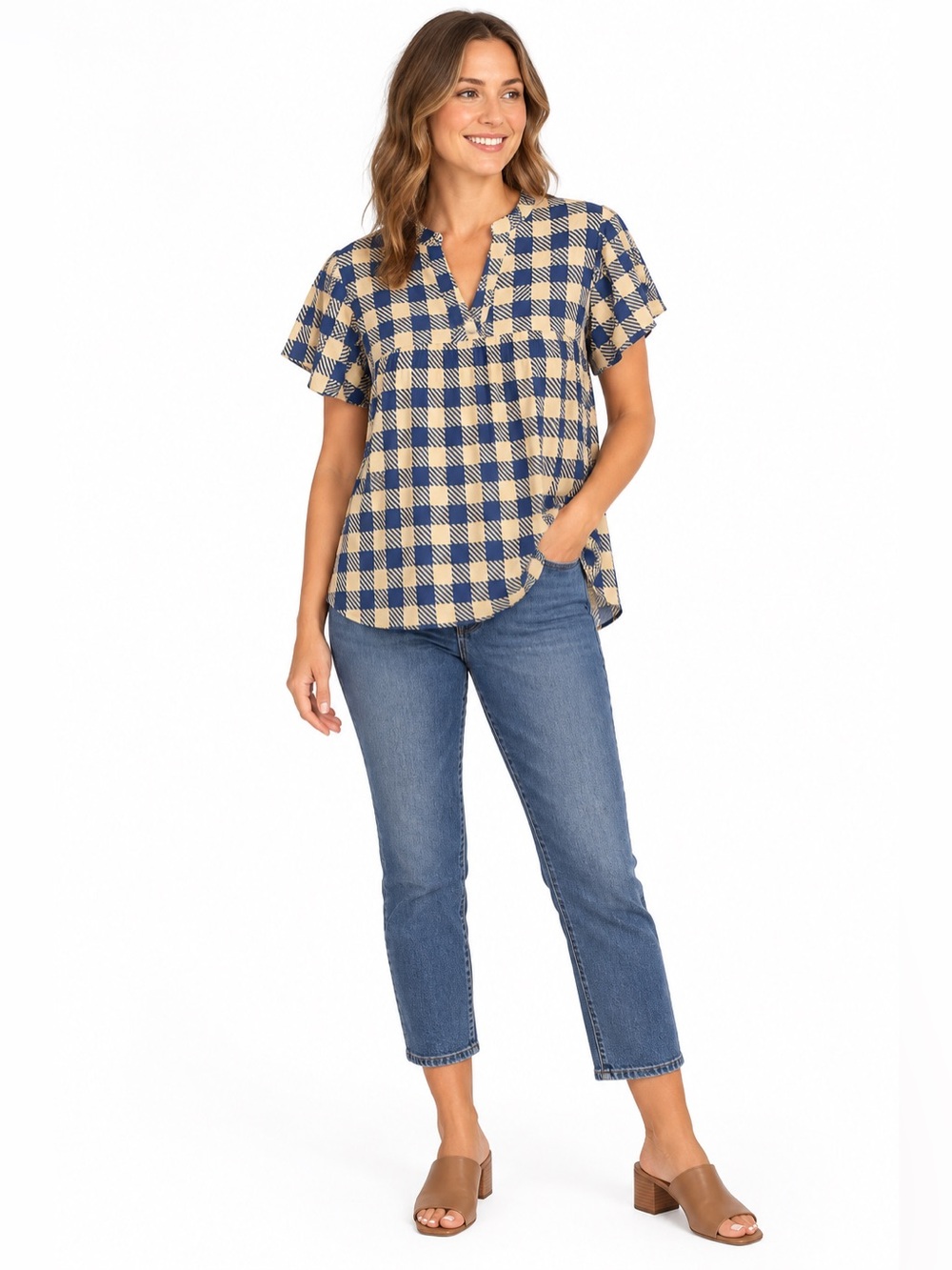 Plaid Flutter Sleeve Blouse